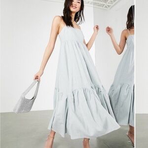 ASOS EDITION linen tiered cami dress with scallop hem in ice blue